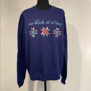 Quilting Graphic Sweatshirt “One Block at a Time” Blue Green Size Medium NWT